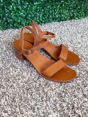K.Jacques Tan Leather Block Heel Sandals with Ankle Strap